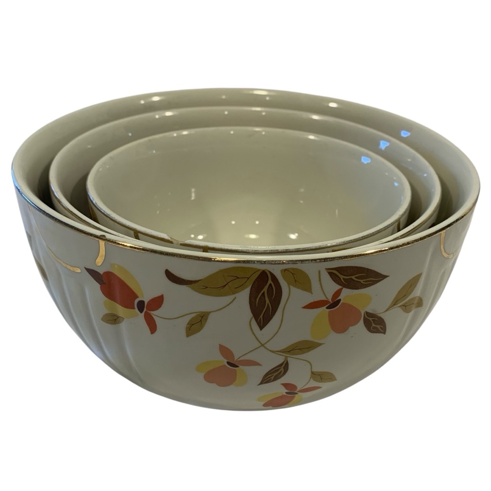 Vintage 3 Nesting Bowl Set Hall's Superior Jewel Autumn Leaf Floral Gold Trim
